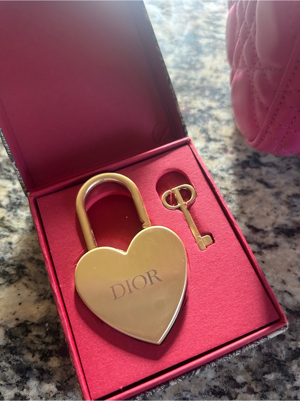 Pink quilted bag gold letters Heart Padlock Key Set, dior strap incl